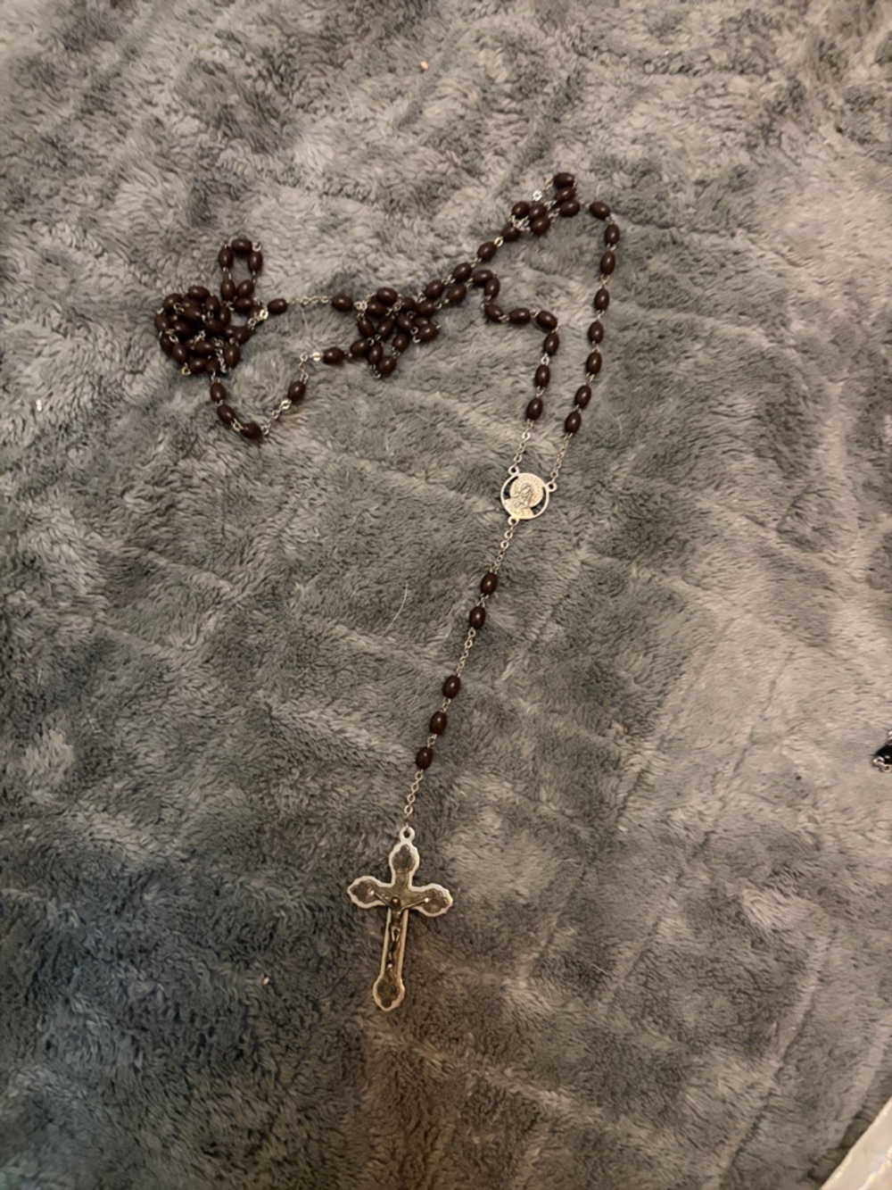 Source Unknown Brown Bead Rosary Necklace with Silver Cross